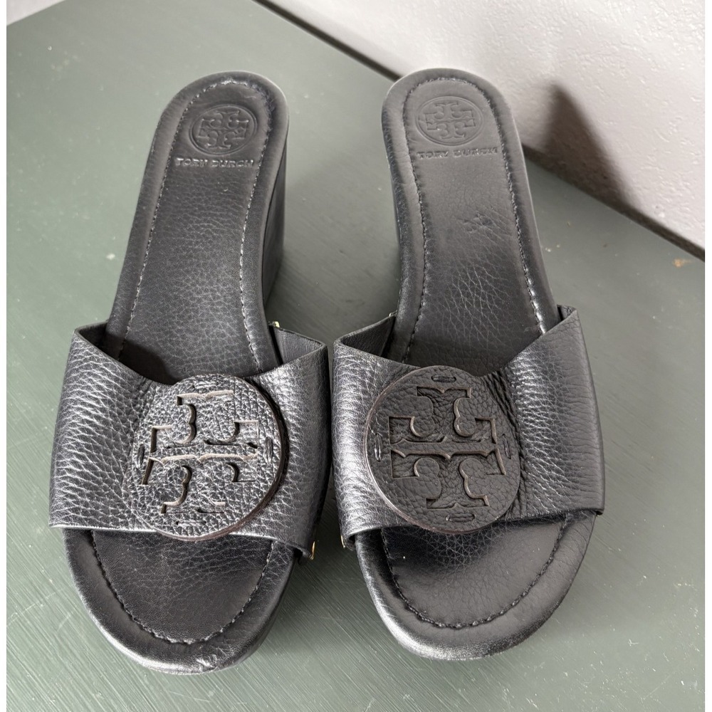 Tory Burch Women's Sz 8.5 Patti Sandals Black Leather 3" Wedge Slide Dress Shoe